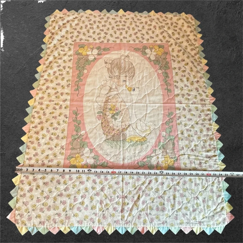 Vintage Precious Moments Quilt Blanket Baby Girl Pink‎ Floral Goose 46x35